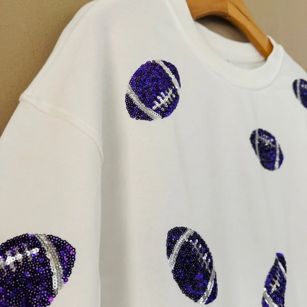 NWOT Le Lis White Football Sequins Sweatshirt Size M